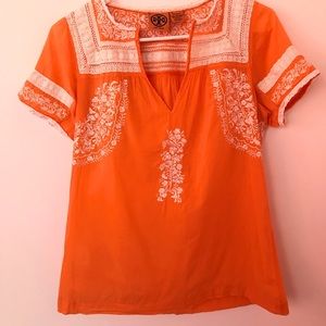 Tory Burch Boho Embroidered Lace Cotton Top Orange